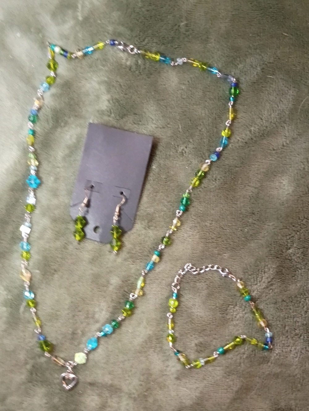 Blue and Green Glass Bead Necklace with Heart Pendant - Unbranded